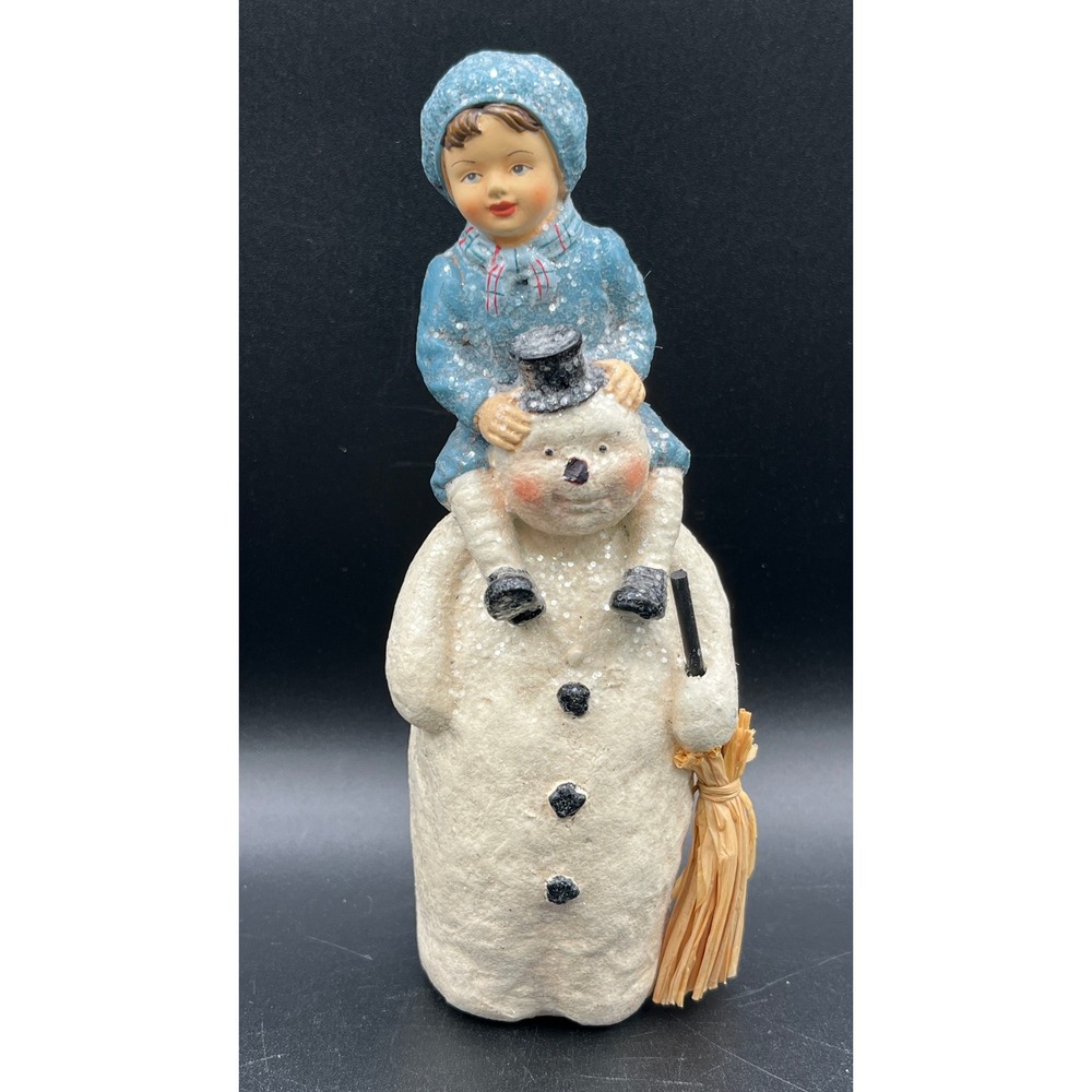 Vtg Frosted Snowman and Child Figurine Blue Winter Decor Christmas 7" As Is